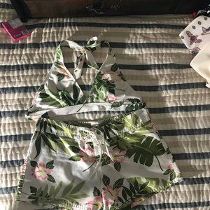 floral bathing suit top and shorts